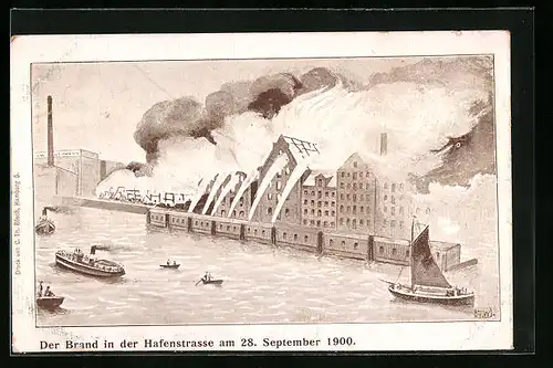 Künstler-AK Hamburg-St. Pauli, Der Brand in der Hafenstrasse 1900