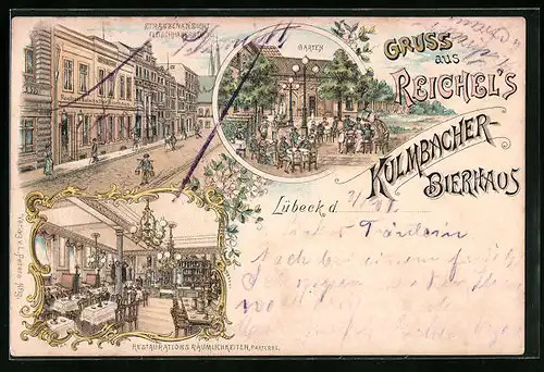 Lithographie Lübeck, Reichel`s Gasthaus Kulmbacher Bierhaus, Fleischhauerstrasse 16