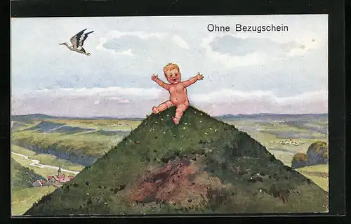 AK Ohne Bezugschein, nackter Bube sitzt vergnügt auf einem Berg