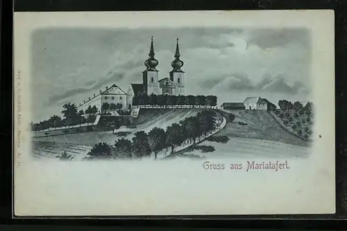 Mondschein-AK Mariataferl, Ortspartie mit Blick auf die Kirche