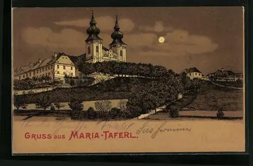 Mondschein-Lithographie Maria-Taferl, Teilansicht der Kirche im Vollmondlicht