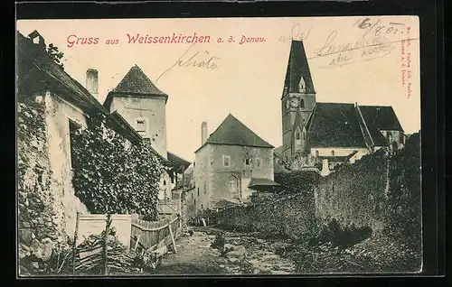 AK Weissenkirchen /Donau, Ortspartie mit Kirche