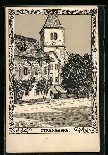 Künstler-AK Strengberg, Strassenpartie mit Uhrenturm