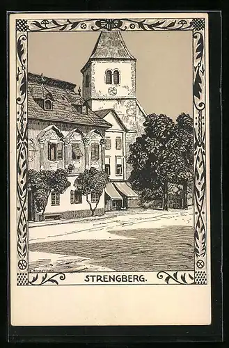 Künstler-AK Strengberg, Strassenpartie mit Uhrenturm