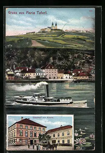 AK Maria Taferl, Gasthof zur Krone, Panorama mit Wallfahrtskirche