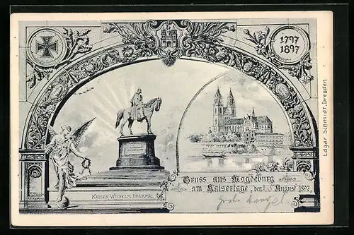 Lithographie Magdeburg, Kaiser Wilhelm Denkmal