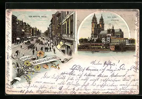 Lithographie Magdeburg, Der Breite Weg, Der Dom