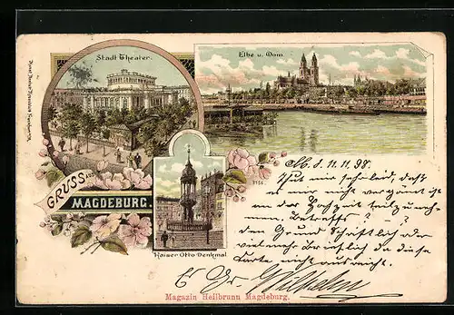 Lithographie Magdeburg, Stadt-Theater, Elbe und Dom
