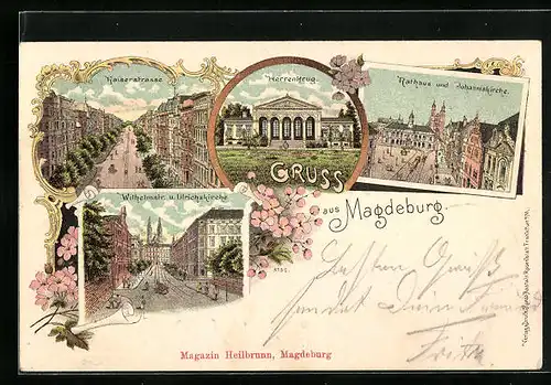 Lithographie Magdeburg, Kaiserstrasse, Rathaus und Johanniskirche
