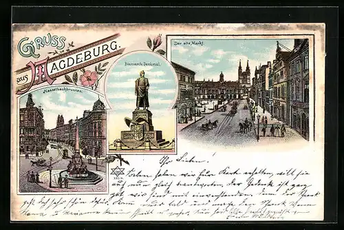 Lithographie Magdeburg, Alter Markt, Bismarck-Denkmal