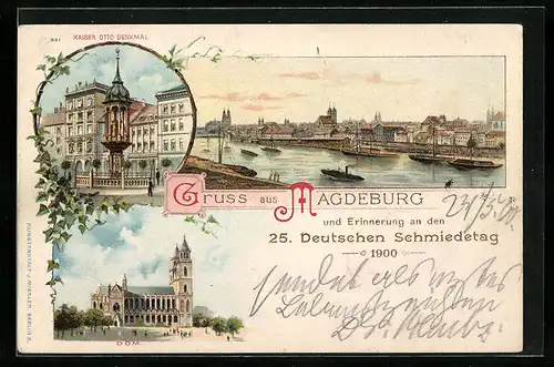 Lithographie Magdeburg, Kaiser-Otto-Denkmal, Dom