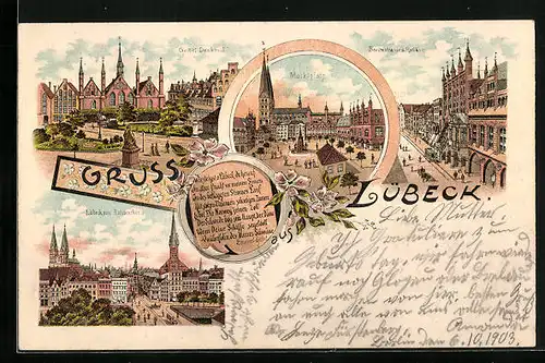 Lithographie Lübeck, Geibel-Denkmal, Rathaus