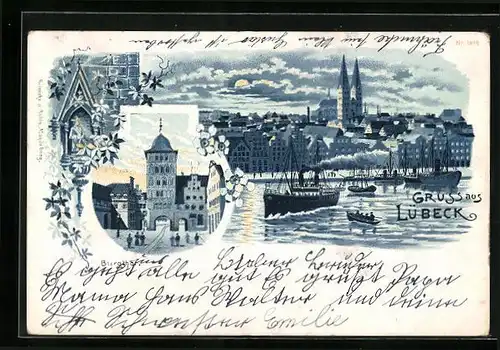Mondschein-Lithographie Lübeck, Burgtor und Ortsansicht