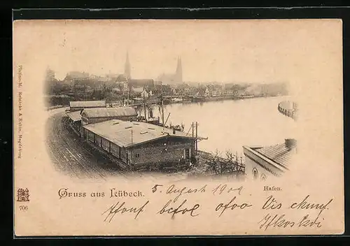 AK Lübeck, Hafenpartie mit Stadtpanorama