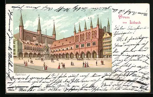 Lithographie Lübeck, Passanten am Rathausplatz