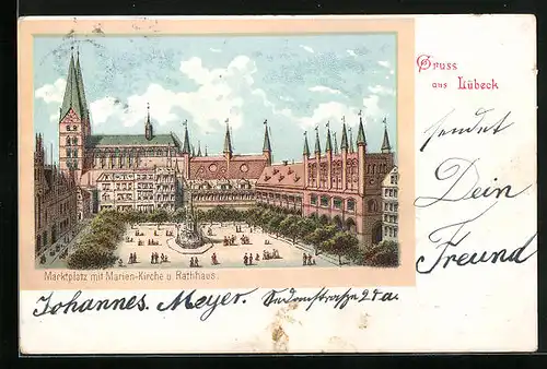 Lithographie Lübeck, Marktplatz mit Marienkirche und Rathaus