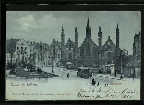 Mondschein-AK Lübeck, Geibelplatz mit Strassenbahn