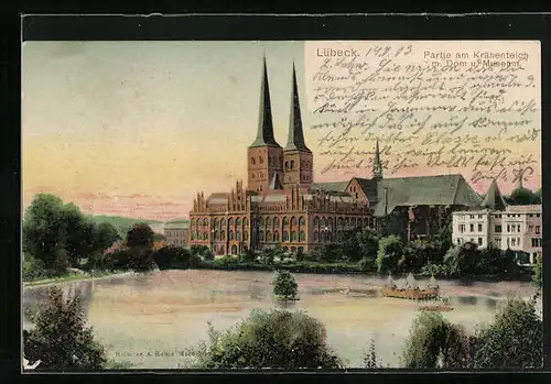 AK Lübeck, Partie am Krähenteich mit Dom und Museum