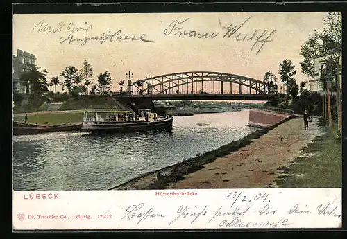 AK Lübeck, Hüxterthorbrücke und Dampfer