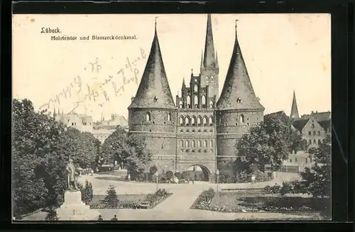 AK Lübeck, Holstentor und Bismarckdenkmal