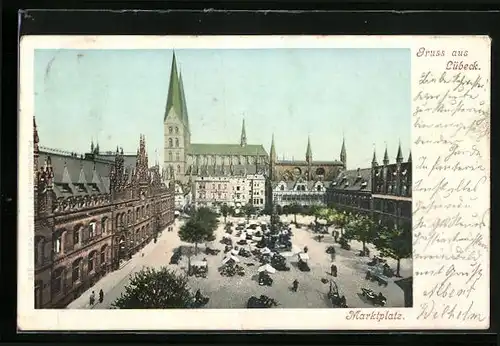 AK Lübeck, Marktplatz mit Kirche und Rathaus