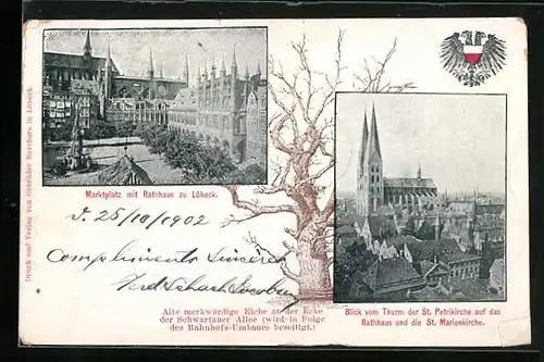 AK Lübeck, Marktplatz, Rathaus, St. Petrikirche, St. Marienkirche