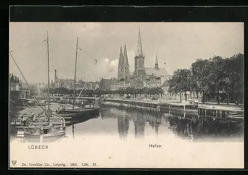 AK Lübeck, Hafenpartie mit Blick auf den Dom