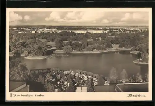 AK Magdeburg, Blick vom Ausstellungsturm auf den Adolf-Mittag-See