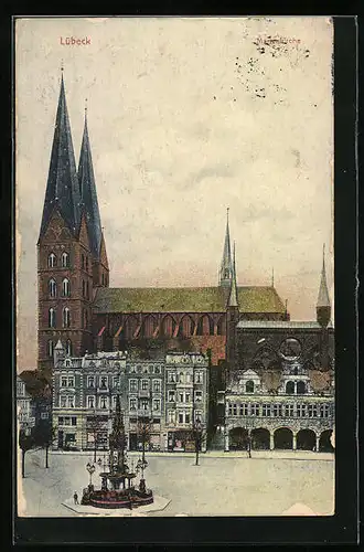 AK Lübeck, Marienkirche mit Springbrunnen