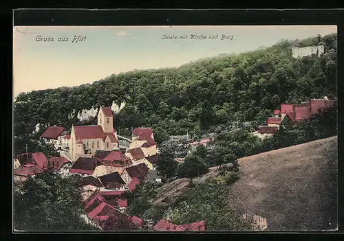 AK Pfirt, Totalansicht mit Kirche und Burg