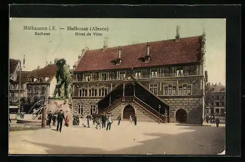 AK Mülhausen i. E., Rathaus mit Brunnen