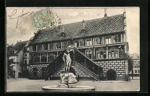 AK Mülhausen i. E., Rathausplatz mit Monument