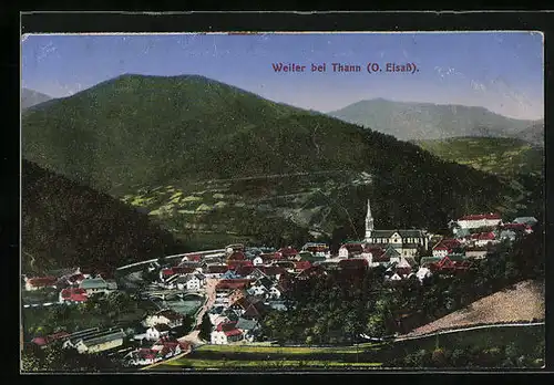 AK Weiler b. Thann, Panorama mit Kirche und Gebirge