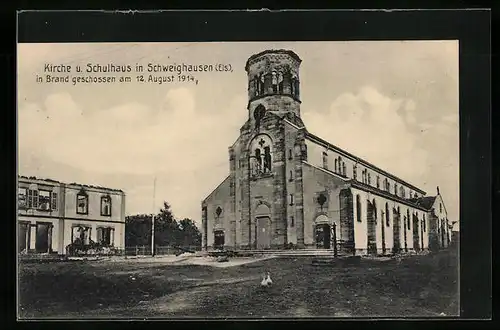 AK Schweighausen, Kirche und Schulhaus nach Beschiessung