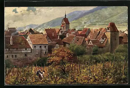 Künstler-AK Reichenweiher, Ortsansicht im Herbst