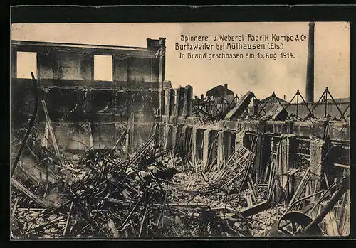 AK Burtzweiler, Spinnerei- und Weberei-Fabrik Kumpe & Co., in Brand geschossen 1914