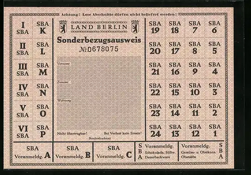 Lebensmittelmarke Sonderbezugsausweis des Landes Berlin