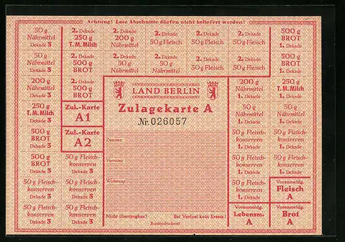 Lebensmittelmarke Zulagekarte A des Landes Berlin, Brot, Fleisch, Milch