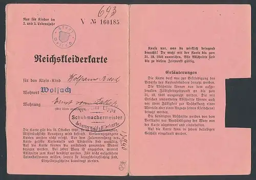 Lebensmittelmarke Reichskleiderkarte für Kinder im 2. und 3. Lebensjahr, z. T. eingelöst