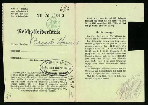 Lebensmittelmarke Reichskleiderkarte für Knaben zwischen 3 und 14, z. T. eingelöst