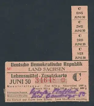 Lebensmittelmarke Lebensmittel-Zusatzkarte der DDR / Land Sachsen, Juni 1950