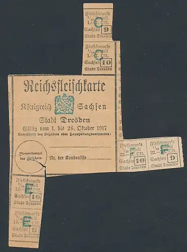 Lebensmittelmarke Reichsfleischkarte des Königreichs Sachsen 1917, z. T. eingelöst
