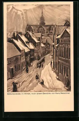 Künstler-AK Helmstedt, Böttcherstrasse im Winter