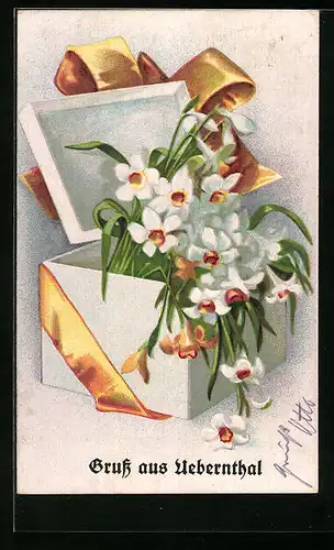 AK Übernthal, Narzissen in einer Geschenkschachtel