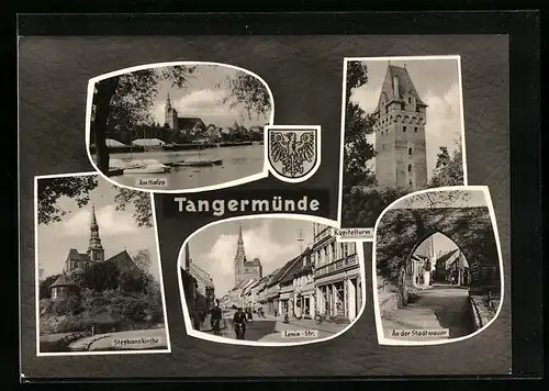 AK Tangermünde, Hafen, Kapitelturm, Lenin-Strasse, Stephanskirche