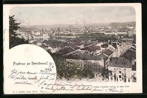 AK Prag / Praha-Smíchova, Pohled z Kinského zahrady na Staré mesto
