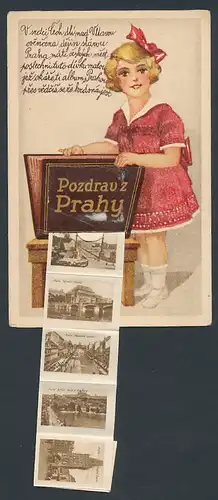 Leporello-AK Prag / Praha, Mädchen hält ein Buch, Národni divadlo, Václavské námesti, Prasná brana