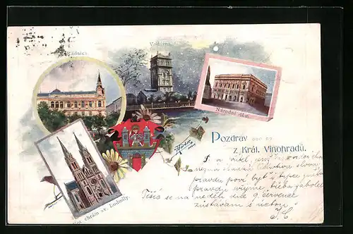 Künstler-AK Prag / Praha-Král. Vinohradu, Vot. chrám sv. Ludmily, Radnice, Národni dum