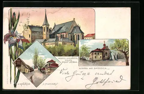 Lithographie Prag / Praha-Smichov, Nesypka nad Smichovem, Kostel a Klaster Nejs. Srdce Jezisova, V Kosirich U Pivovaru