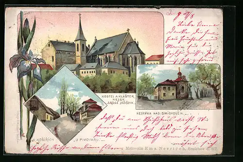 Lithographie Prag / Praha-Smichov, Nesypka nad Smichovem, Kostel a Klaster Nejs. Srdce Jezisova, V Kosirich U Pivovaru